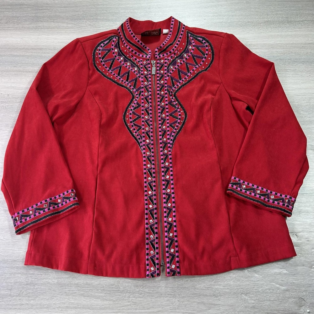 Bob Mackie Jacket Womens Large Red Embroidered Zip Front Wearable Artâ Boho Chic